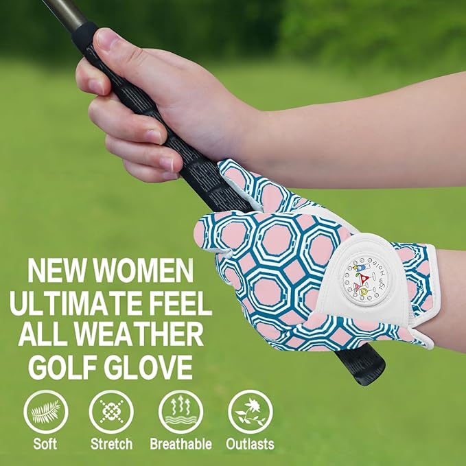 Golf Gloves Women with Ball Marker 2 Pack, Right Handed Golfer Left Hand, Ladies Breathable Soft All Weather Grip Glove Fit Size Small Medium Large XL