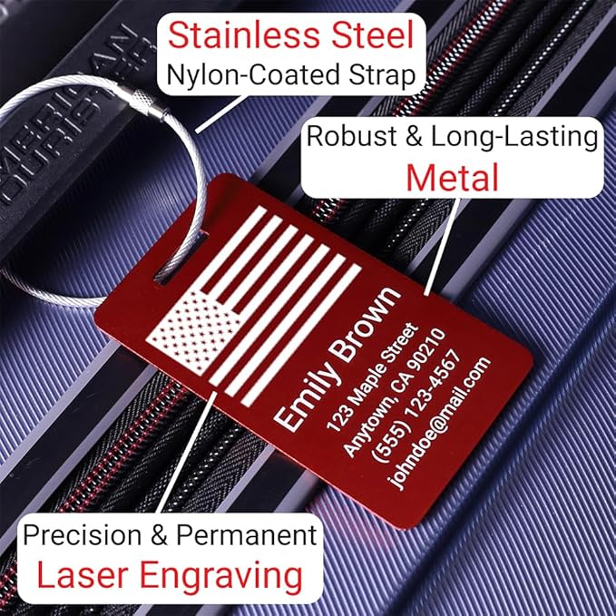 Personalized Luggage Tags for Suitcases 4 Pack – Custom Metal Name Tag for Travel, Golf Bag, and Baggage – Durable Aluminum Luggage Name Tags (Adventure Collection, Red)