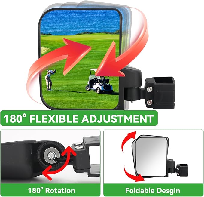 Golf Cart Side Mirrors for EZGO Club Car Yamaha, No Drilling HD-Shatterproof Golf Cart Mirrors Side View with Blind Spot Mirrors & 3 Size Clips (Fit 0.75-1.25in Square Rails)