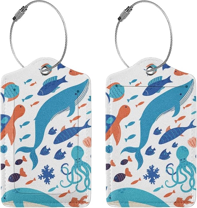 2 Pcs Underwater Ocean Sea of Animals Luggage Tags for Suitcases, Graffiti on Drawn of Marine Creatures Tags Birthday Gifts for Men Women Boy Girl Kid