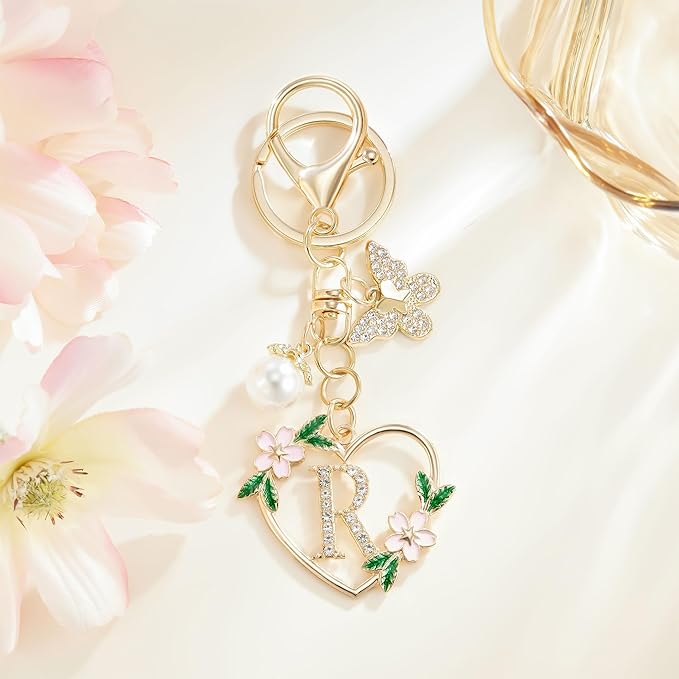 Gold Heart Initial Letter Keychain for Women Key chain Keyring for Purse Handbags Backpack Charm