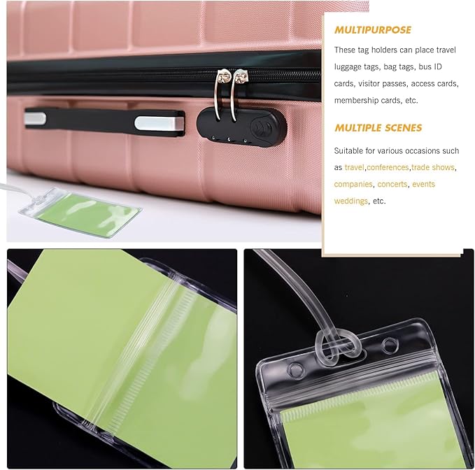 100 Pieces Clear Plastic ID Card, Luggage Bag and Badge Label Holders with 100 Pack Luggage Tag Loop Straps for Office, Business and Travel Supplies