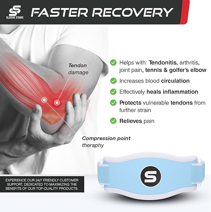 Sleeve Stars Tennis Elbow Brace for Women - Adjustable Tennis Elbow Strap, Golfers Elbow Brace for Men, Counterforce Brace for Tendonitis Relief, Fits 9"-23" (Pair/Light Blue)