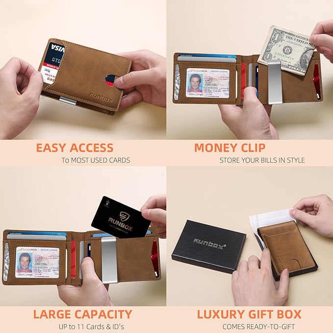RUNBOX Money Clip Wallets for Men,Slim Leather Mens Bifold Wallet,RFID Blocking Front Pocket Wallet,Thin Credit Card Holder with Gift Box