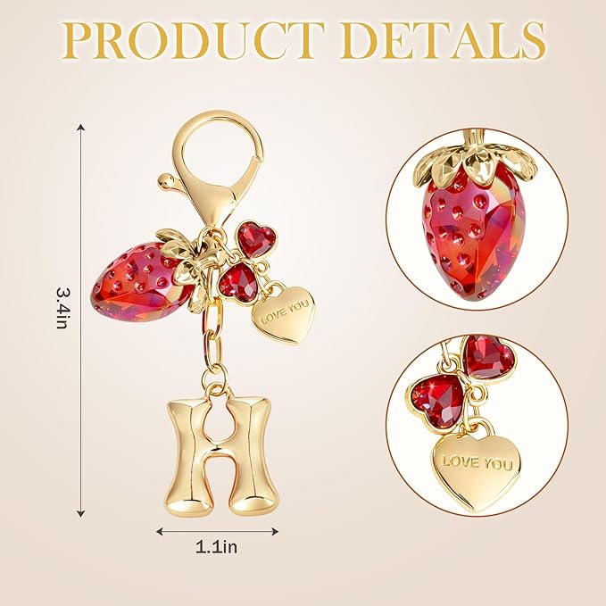 Snycler Bubble Initial Keychain with Strawberry & Bow- Gold Letter Bag Charms for Women, Cute Purse Handbag Accessories