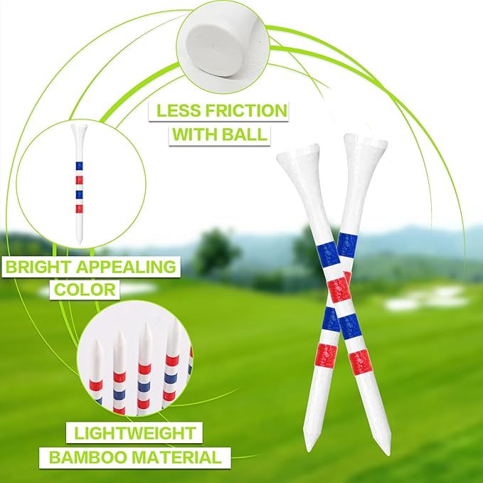 FINGER TEN Golf Tees Wood 3 1/4 2 3/4 Inch Value 50/120 Count, Durable Tees with Bright Colored Stripes for Consistent Height, 70mm 83mm Long Tees Ideal for Golfers