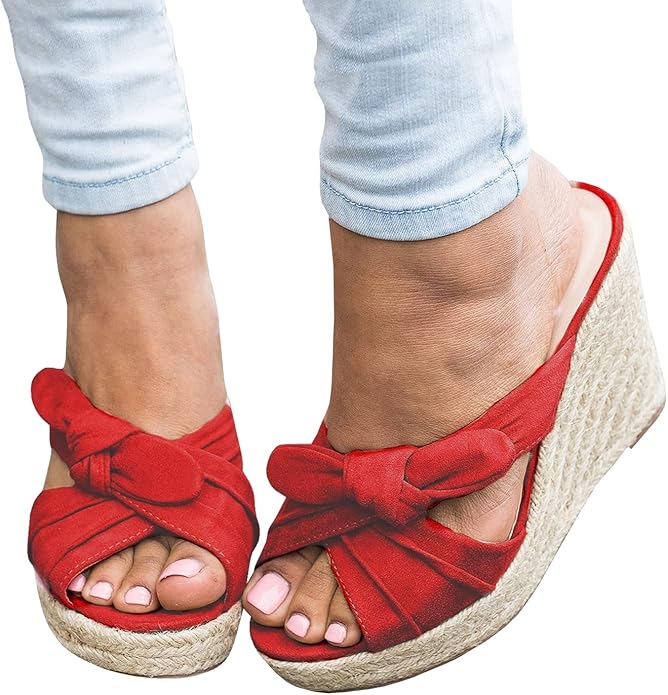 Womens Espadrilles Wedge Sandals Slides Platform Slip on Bow Knot Open Toe Summer Mules Shoes
