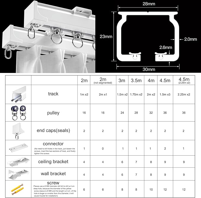 Aluminum Alloy Silent Curtain Tracks Ceiling Or Wall Mounted Curtain Rail Drapes Rail Room Dividers Sliding Curtain Rail (white, 2m(not segmented))