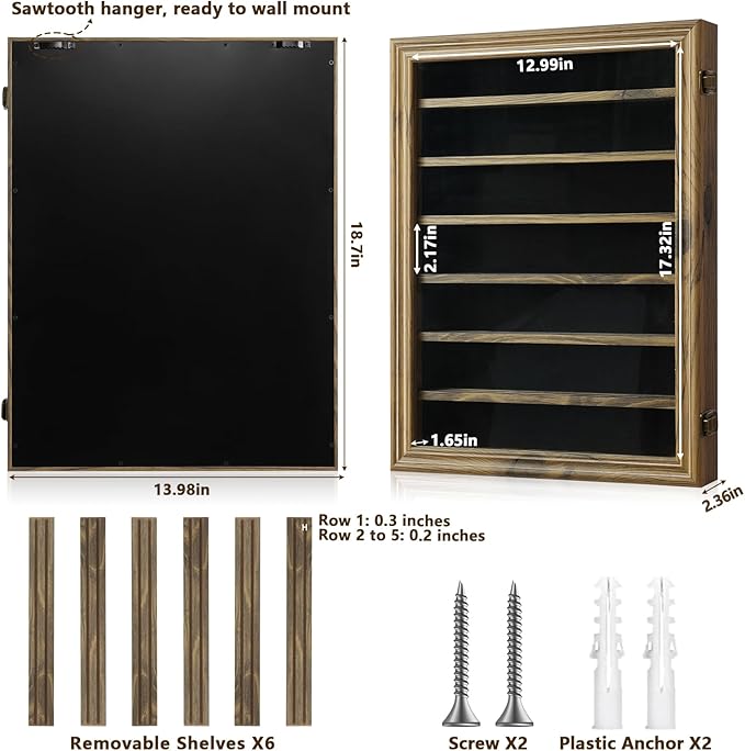 7 Rows Military Challenge Coin Holder Display Case with HD Tempered Glass - Holds 100 Coins, Medal Display Cabinet, Shadow Box for Casino Poker Chips, Removable 2-Groove Shelves, Rustic Wood