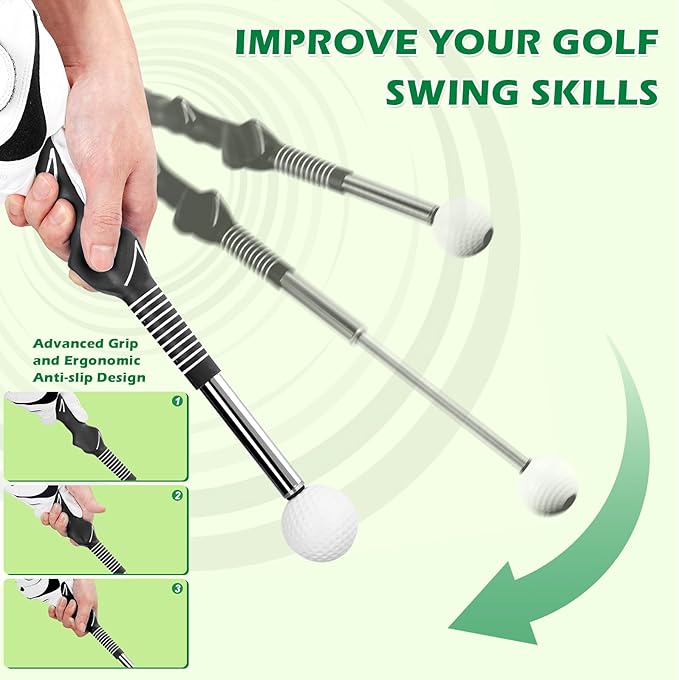 welspo Retractable Golf Swing Trainer Aid with Arm Band, Rhythm Click Sound, Warm-Up and Grip Trainer, Right-Handed Golf Club for Improve Chipping and Hitting Strength