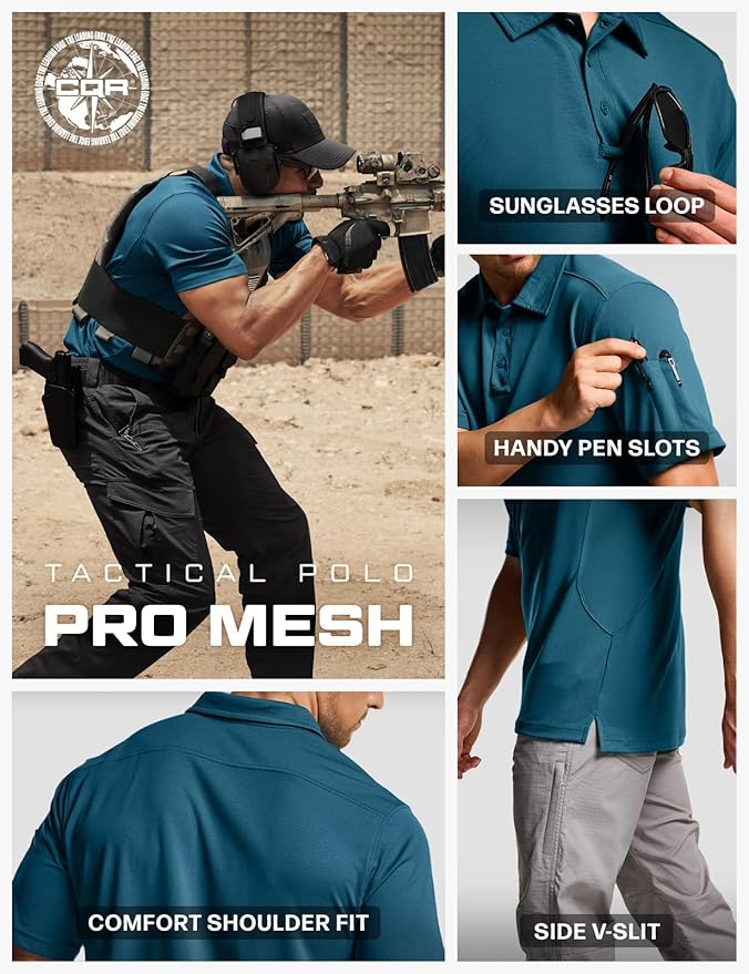 CQR Men's Polo Shirts, Tactical Short Sleeve Golf Performance Shirts, Lightweight Dry Fit UPF 50+ Pique