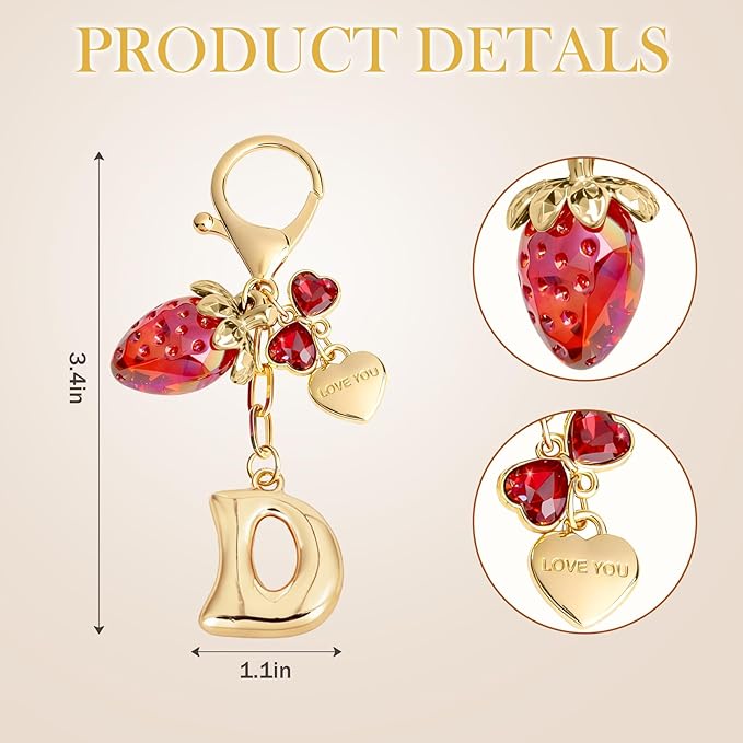 Snycler Bubble Initial Keychain with Strawberry & Bow- Gold Letter Bag Charms for Women, Cute Purse Handbag Accessories