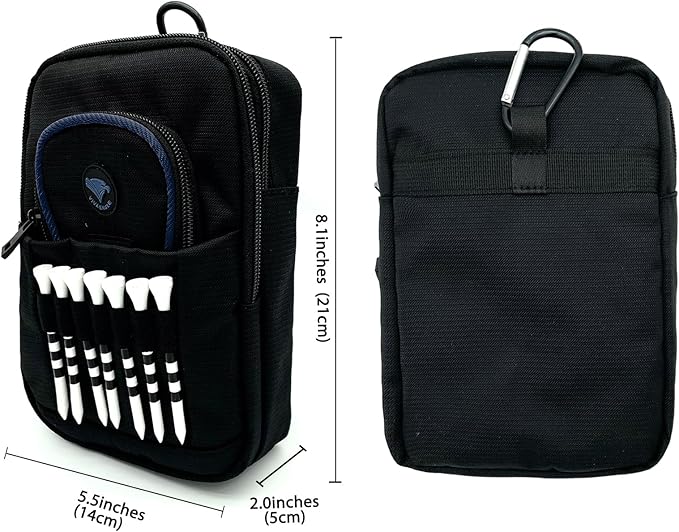 Golf Bag Pouch for Balls and Accessories | 3 Zipper Pockets | Detachable Clip | Store Up to 15 Balls | Front Tee Holder and 10 Bamboo Tees 3 1/4 in