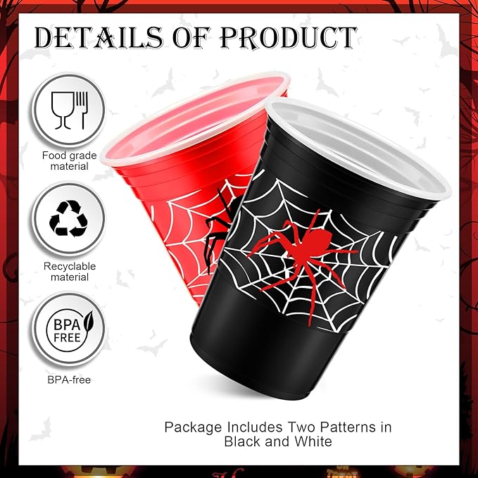 Norme 48 Pcs Spider Party Supplies Bulk 16 oz Spider Thick Plastic Disposable Cup Hot Cold Drink Wine Coffee for Home Sports Themed Holiday Party Supplies Favors
