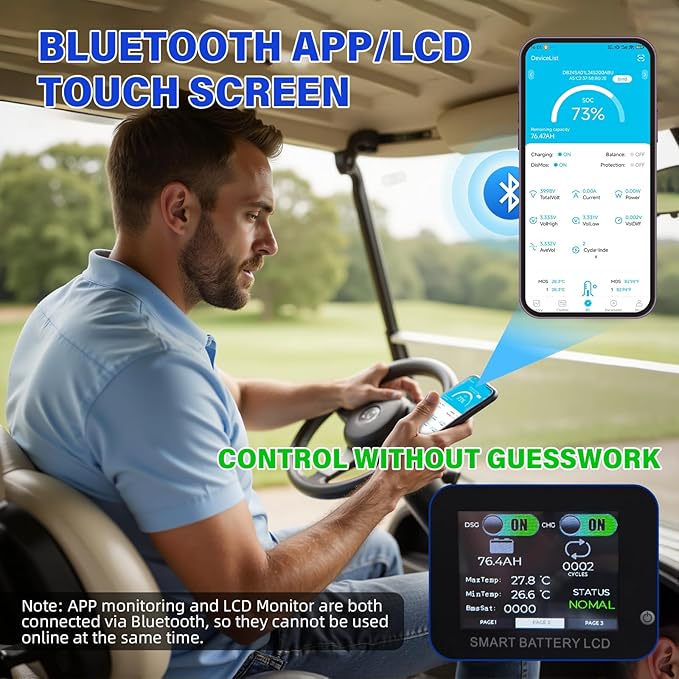 O'CELL 36V 105Ah LiFePO4 Golf Cart Battery+Mounting Bracket, 10+ Year Lifespan, 38.4V 4032Wh Lithium with 200A BMS, 4.9'' LCD/Bluetooth, 36V 25A Charger IP67 - Fit Club Car, EZ GO, Yamaha, Lawn Mower