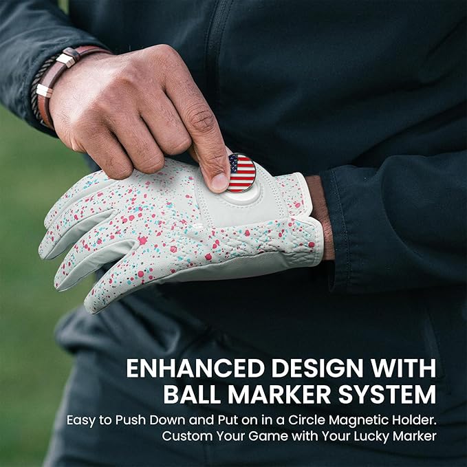 Golf Gloves Men All Premium Cabretta Leather 1 Pack with 2 Ball Marker, Mens Golf Glove Right Handed Golfer Left Hand All Weather Grip, Fit Size Small Medium ML Large XL