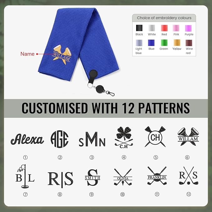 Personalized Golf Towel Custom Golf Towels for Golf Bags with Embroidery Initial Name Magnetic Golf Towel Microfiber Golf Towels with Clip Gifts for Golfers Men Women 16"x 24" (Blue)