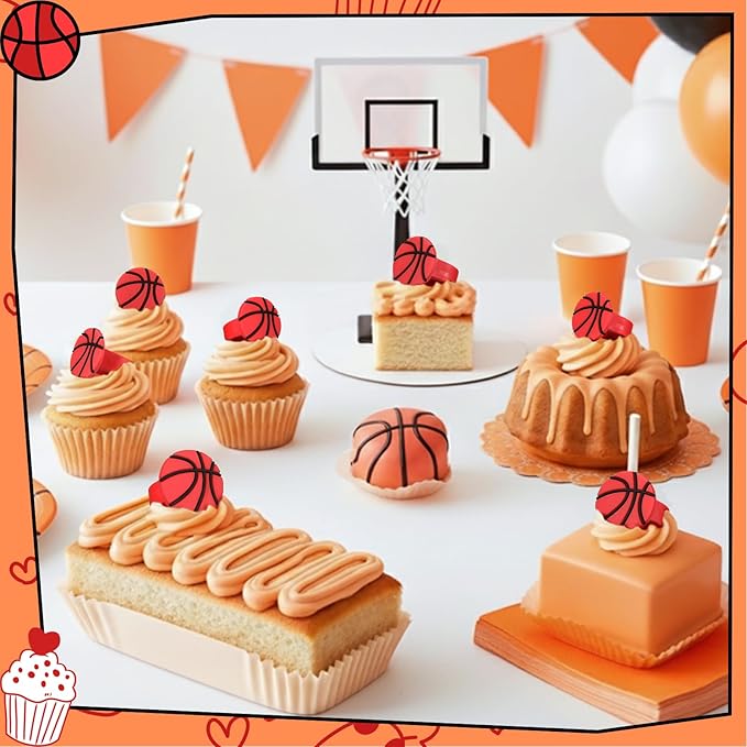 Honeydak 48 Pcs Basketball Cupcake Rings Toppers Decoration Sport Ball Theme Cupcake Picks Baseball Softball Basketball Volleyball Cake Decoration for Sport Baby Shower Birthday Party Cake Supplies