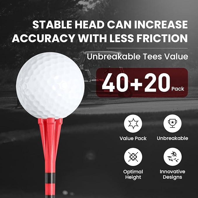 Golf Tees Plastic Unbreakable 60 Pack 2 3/4 or 3 1/4 Inch with 20 More Short Tees 1 1/2 Inch Red Green Pink