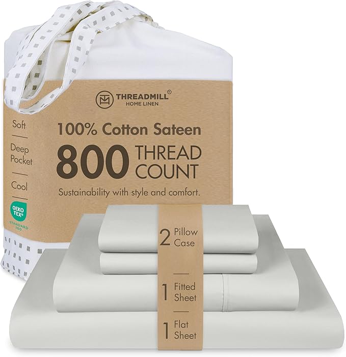 Threadmill Luxury 800 Thread Count King 100% Cotton Sheets - Light Grey Sateen Weave Bed-Sheets, Better Than Egyptian Cotton, 4 Pc Solid Soft Bed Set, Fits 16" Deep Pocket