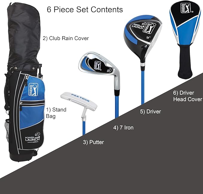 PGA Tour Youth Golf Club Set for Ages 8-12 (4’8”-5’2”) and 12+ (5’2”+), Right and Left-Handed Kids Golf Sets – Beginner Junior Golf Clubs with Lightweight Stand Bag, Mallet Putter, Hybrid, Driver