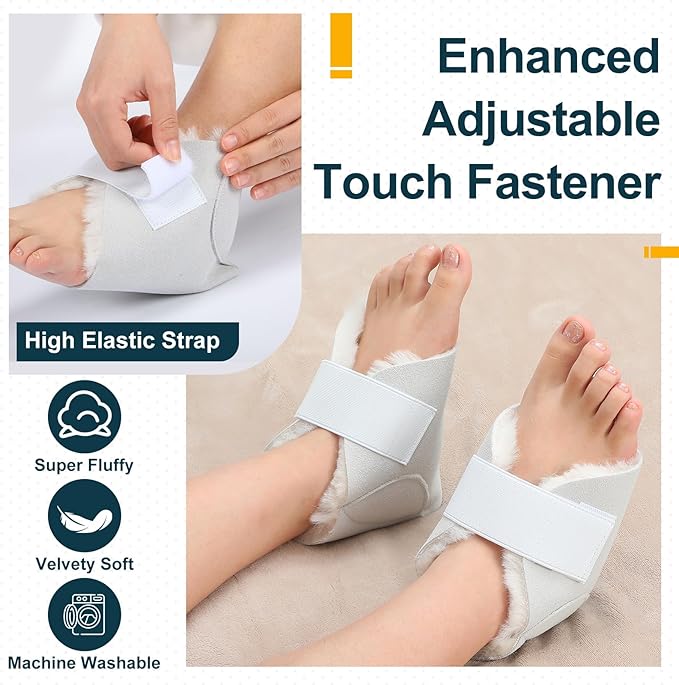 2 Pcs Heel Protectors for Pressure Sores Sheepskin Heel Pads Soft Foot Cushions Pad Heel Protectors Adjustable Foot Pillows with Securing Strap for Bed Sore Ankle Ulcers(White)