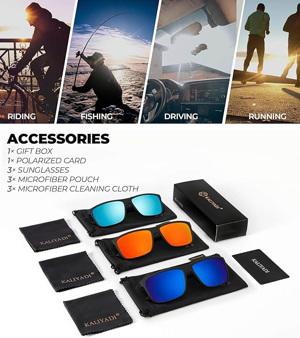 KALIYADI Polarized Sunglasses for Men and Women, Mens Sun Glasses with UV Protection for Driving Fishing Golf (3 Packs)