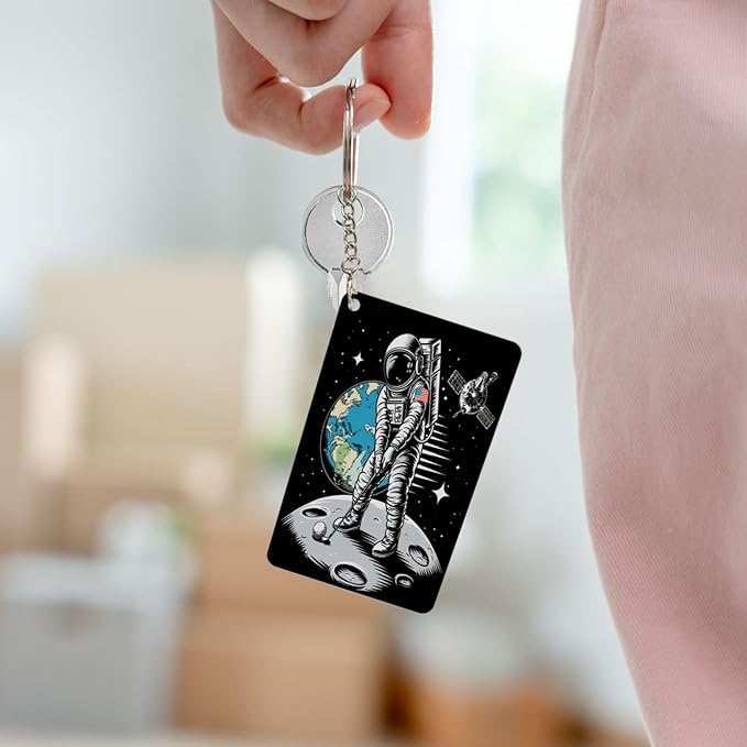 Astronaut Playing Golf Keychains Rectangular Acrylic Keychain Daily Key Ring Car Key Fob Holder 2X3 Inch