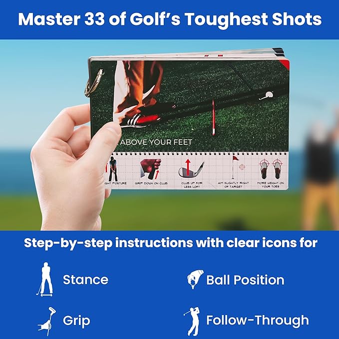 Swing Minder Golf Reference Cards - Step-by-Step Instructions for 33 of Golf's Hardest Shots - Ideal Golf Gifts for Men or Golf Bag Accessories - Waterproof PVC and Sturdy Carabiner for Easy Use