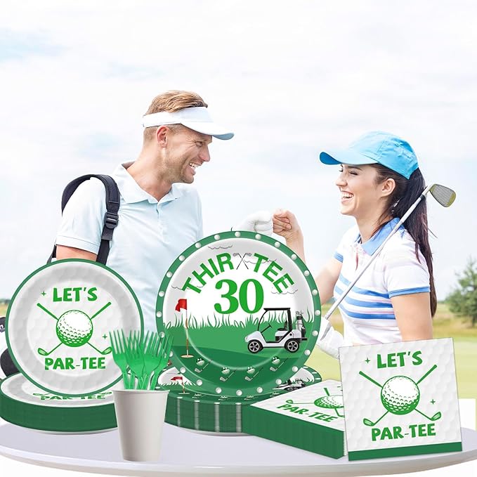 96 Pcs Golf 30th Birthday Party Decorations Golf Theme Tableware Set Golf Thir-Tee Plates Napkins Forks for Let's Par-Tee Men Women Birthday Dinnerware Green Sports Party Supplies 24 Guests