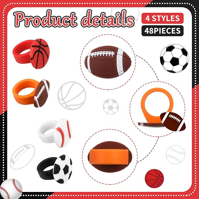 Honeydak 48 Pcs Sports Cupcake Toppers Basketball Softball Football Soccer Cupcake Rings Toppers Picks Decoration for Sport Baby Shower Birthday Party Cake Supplies