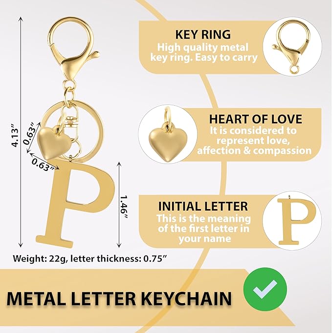 Metal Heart Alphabet Keychain for Women, Girls - Cute Initial Letter Accessories for Purse, Bag Charms and Backpack