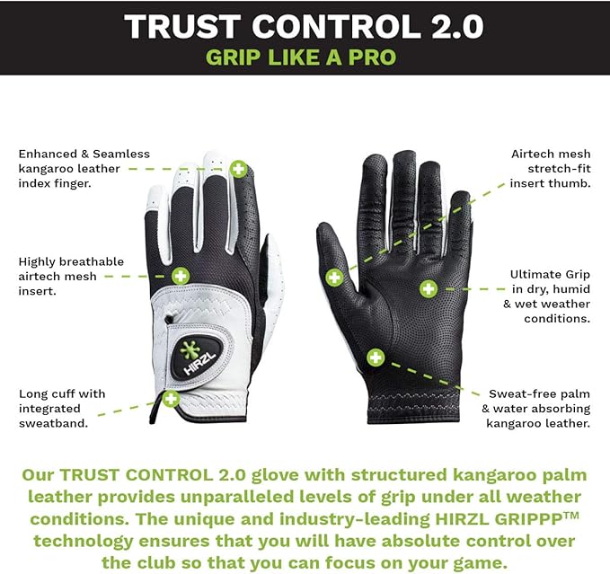 HIRZL Trust Control 2.0 Golf Gloves, All Weather Mens Golf Glove, White/Black, Kangaroo Leather Palm, Cabretta Leather Backhand, Trusted by Pro’s, Sweat Free, Ultimate Grip