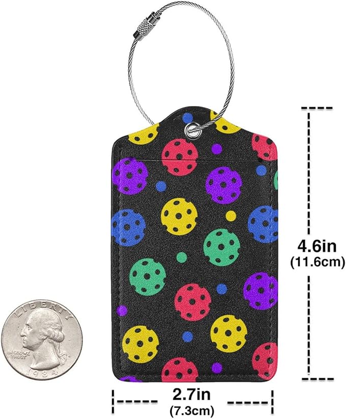 Pickleball Luggage Tags Set of 2 Leather Stainless Steel Loop Label Tag for Travel Bag Suitcase