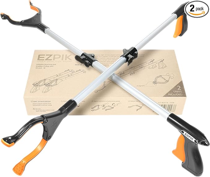 EZPIK® Grip Aid Tool Grabber Reacher + Magnets - Grabbers for Seniors, Trash Picker Upper Grabber - Trash Grabber Tool- Reacher Grabber Pickup Tool (Silver, 32″ (Pack of 2))