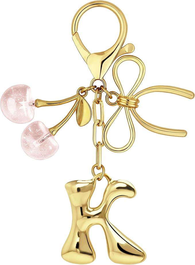 Gold Bubble Heart, Cherry, Bow & More Designs Letter Initial Keychain Bag Charms – Cute Purse Charms for Handbags