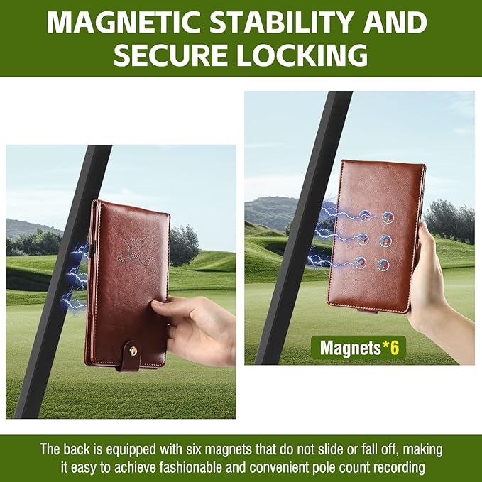 Archerest Magnetic Golf Scorecard Holder, 7.48" x 4.33" Premium Leather Yardage Book Cover Golf with A Pencil and Five Double Sided Printed Scorecards, Golf Accessories and Scorecard Book