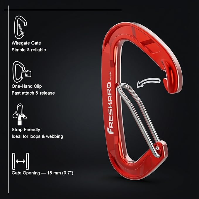 FresKaro 15kN-3372lbs Heavy Duty Wiregate Carabiners, Reliable Time-Tested Stainless Steel Spring Gate, for Camping, Hiking, Hammocks, Backpacking, Dog Leash etc., 3.15inch