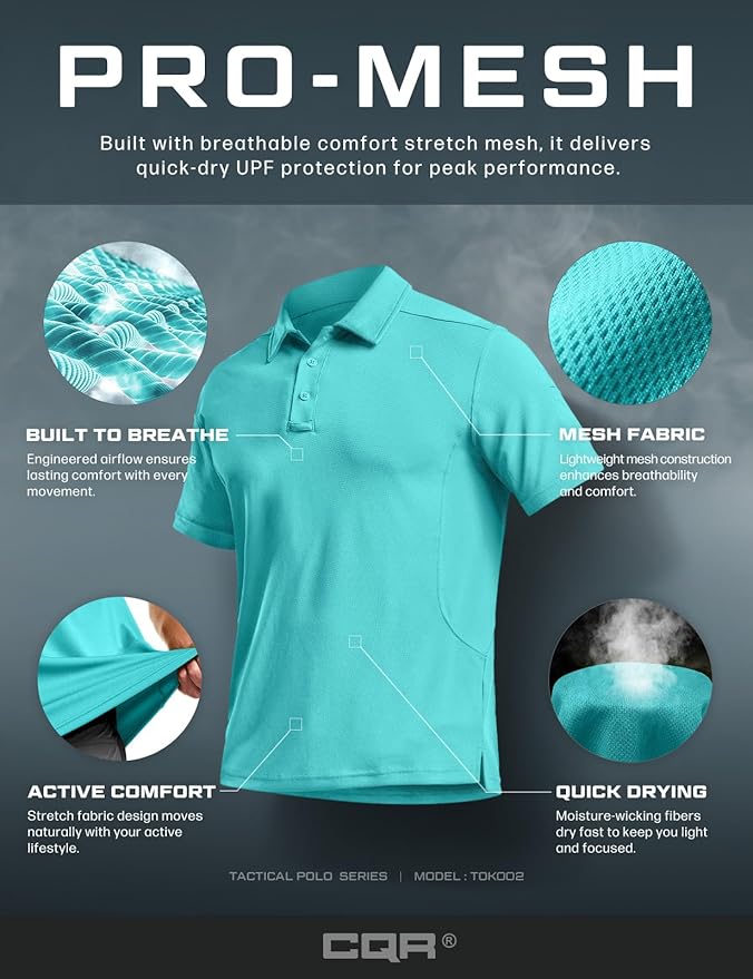 CQR Men's Polo Shirts, Tactical Short Sleeve Golf Performance Shirts, Lightweight Dry Fit UPF 50+ Pique