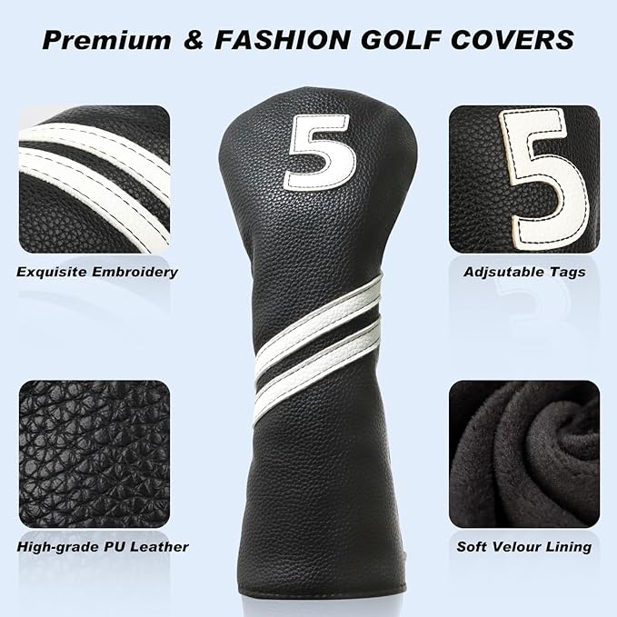 Golf Club Covers,4pcs or 1pc Golf Headcovers for Woods and Driver Fairway Hybrids Women Men - Premium PU Leather with Interchangeable Tags & Magnetic Blade and Mallet Putter Covers
