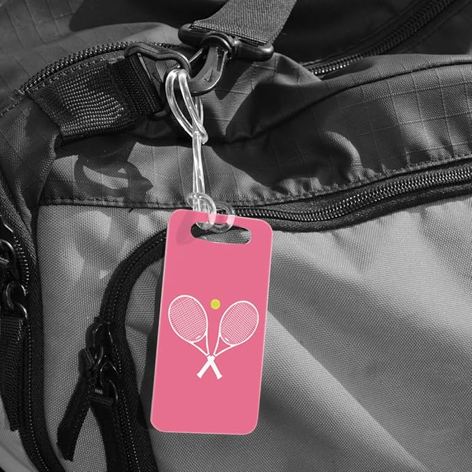 ChalkTalkSPORTS Tennis Luggage & Bag Tag | Crossed Tennis Rackets | Custom Info on Back | Small | Pink