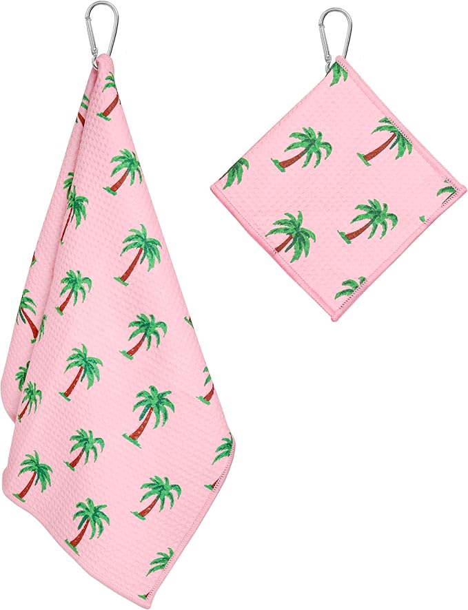 Microfiber Golf Towels for Golf Bags & Carts - Premium Weave Waffle & Ball Towels with Carabiner Clip, Essential Accessories for Men, Women, and Kids, Golfer Gifts, Set of 2 (Palm Trees)