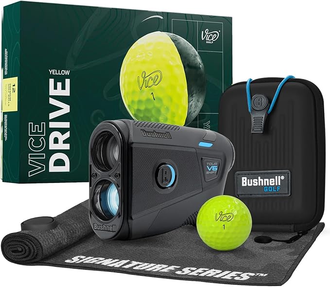 Bushnell Golf Tour V6 Shift Laser Rangefinder with Vice Balls | Slope Compensation, PinSeeker, Magnetic Mount, 1300 YD Range, 6X Magnification | Signature Series Golf Towel