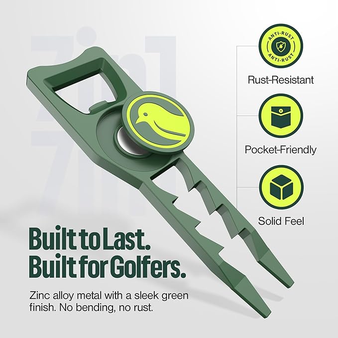 7-in-1 Metal Golf Divot Tool with Magnetic Ball Marker - Tee Height Setter, Bottle Opener, Groove Cleaner, Putting Alignment, Club Tee - Durable Green Accessory Gift for Men & Women