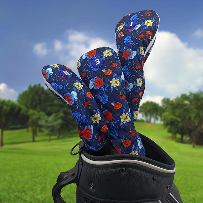 Golf Headcovers for Drivers and Woods – Set of 3 (S/M/L), Leather Club Covers with Magnetic Number Tags, Floral Design, Scratch-Resistant, Fits Most Golf Clubs