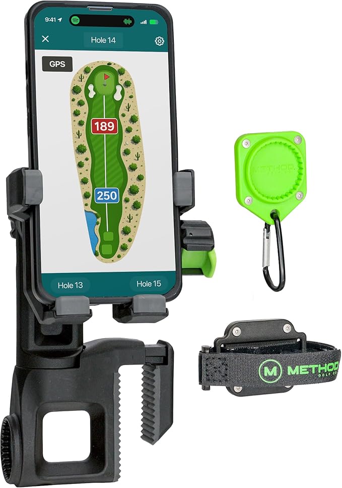 Method Golf CarryStack Golf Bag Phone Holder – Heavy Duty Magnetic Phone Mount for Most Smartphones with Magnetic Range Finder Strap- Full Rotation Open Face Design Converts Any Bag into a Tripod