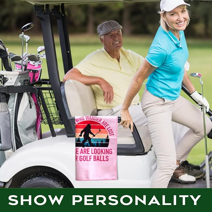 Not All Who Wander are Lost Polyester Printed Golf Towel for GolfBag, Funny Golf Gifts & Accessories for Men Women Golfs Fan Dad Grandpa, GolfLover Retirement Birthday Gifts (Pink)