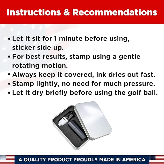 Custom Golf Ball Marker Stamp with TiteSeal™ Technology Bundle - Metallic Box with Golf Ball Stamp + Refill Ink Bottle - Black Case