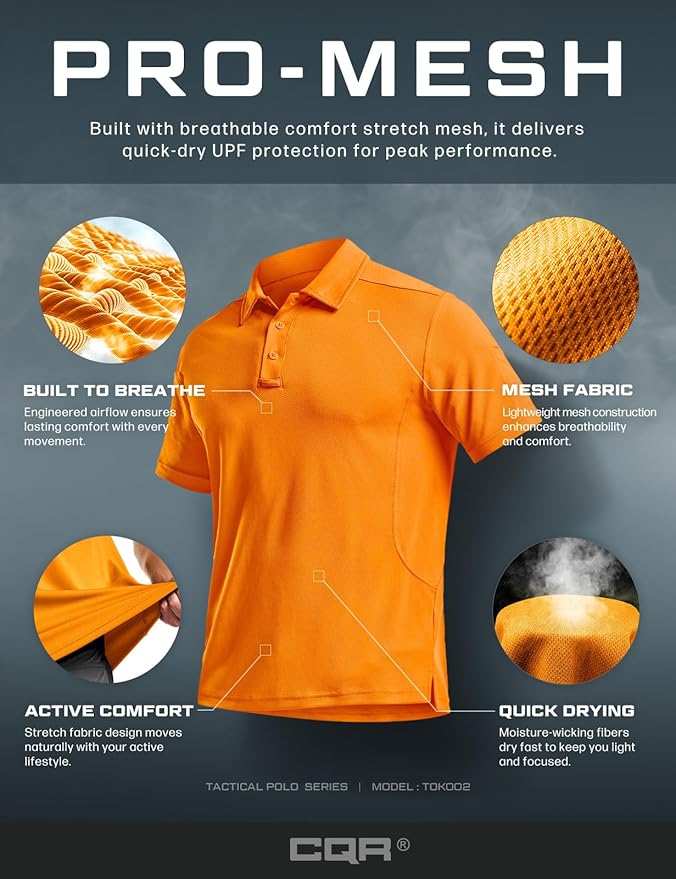 CQR Men's Polo Shirts, Tactical Short Sleeve Golf Performance Shirts, Lightweight Dry Fit UPF 50+ Pique