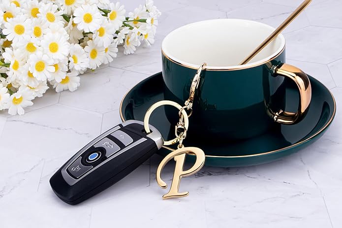 Cute Stainless Steel Gold Initial Letter Keychain for Women Girl, Charms for Key Handbag Backpack Bag, Personalized Gift
